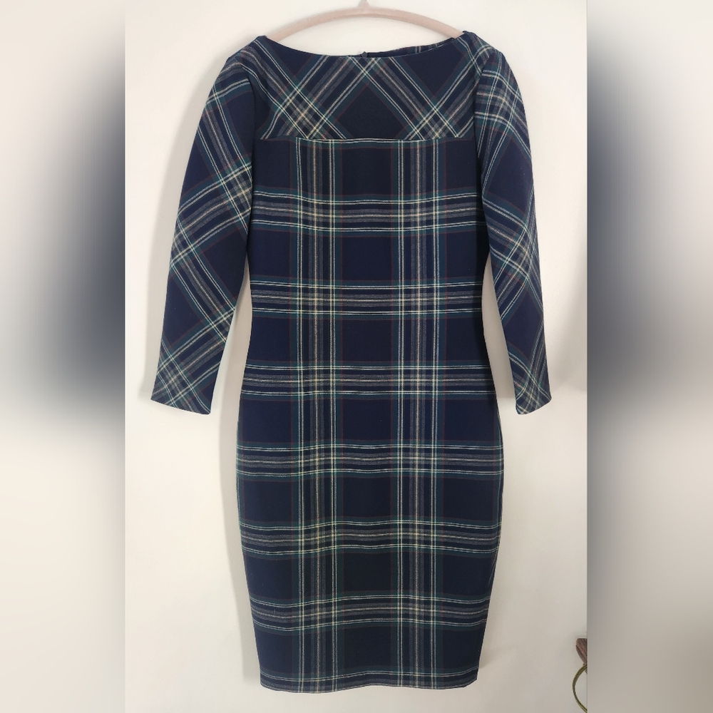 Zara Dress Navy Tartan Plaid Midi Pencil Size Medium  (E23)
